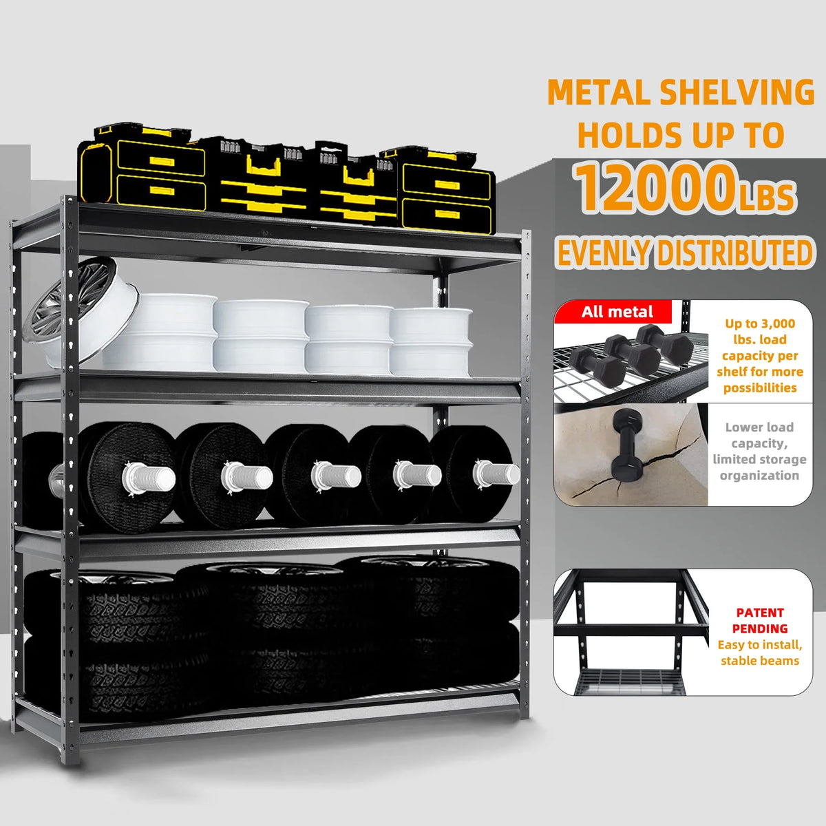 4-Tier Black Metal Heavy Duty Adjustable Shelving Unit C37633