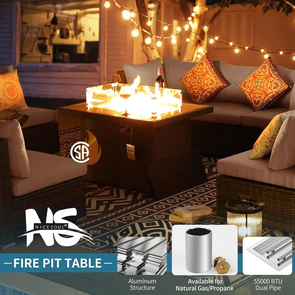 7 Pcs Wicker Outdoor Furniture with Fire Pit Table A82495
