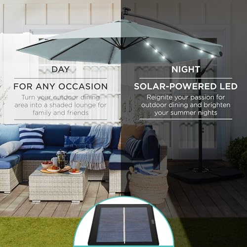 10ft Solar LED Offset Hanging Patio Umbrella with Easy Tilt Adjustment, Polyester Shade, 8 Ribs - Black T99472