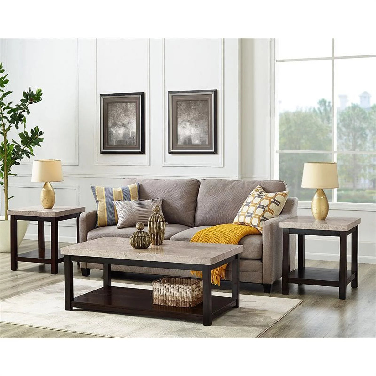 Square Wood End Table with Marble Top and Bottom Shelf in Espresso W22022
