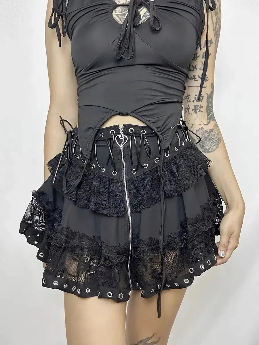 Goth Lolita Patchwork Lace Up Skirt M3666