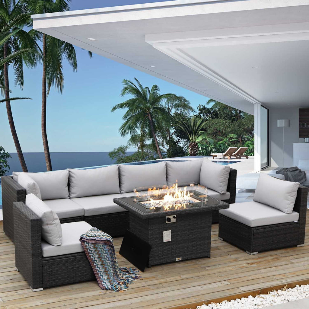 7 Pcs Wicker Outdoor Furniture with Fire Pit Table A82495