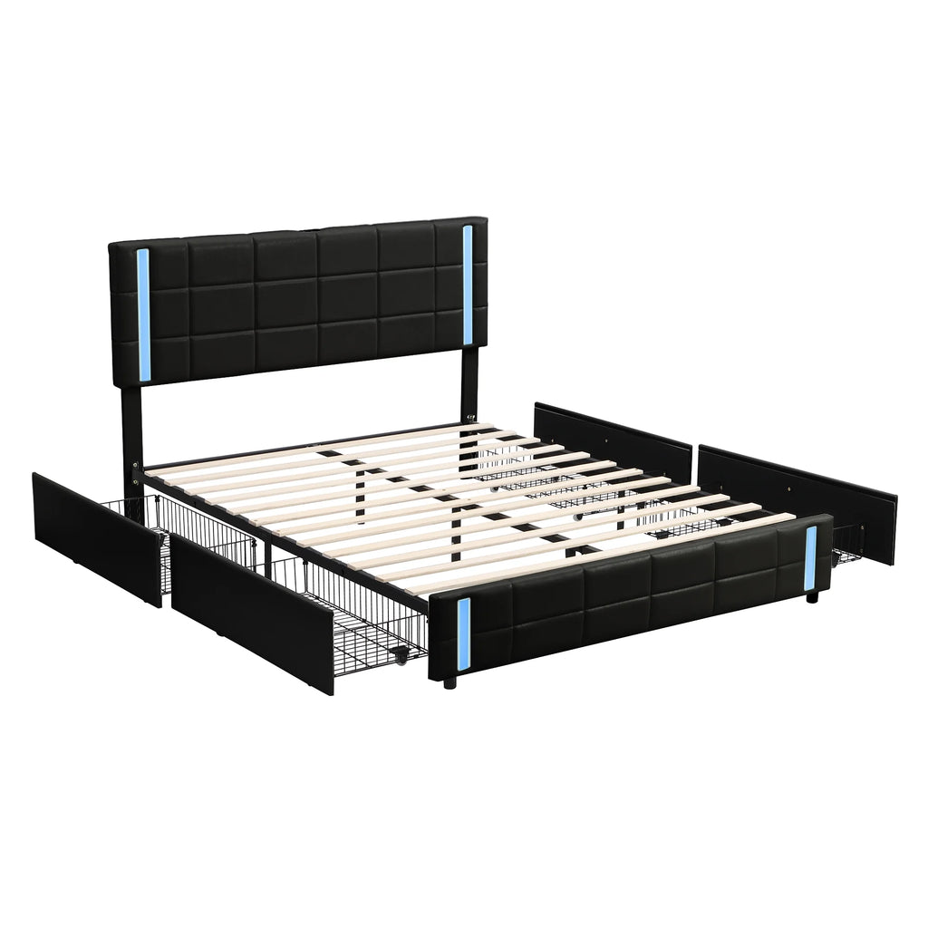 Queen Size Upholstered Platform Bed with LED Lights and USB Charging, 4 Drawers, Black S92292
