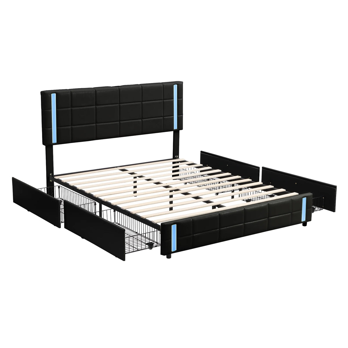 Queen Size Upholstered Platform Bed with LED Lights and USB Charging, 4 Drawers, Black S92292