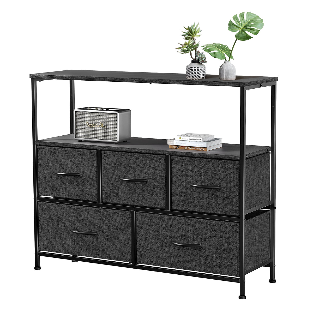 Black Dresser TV Stand with Fabric Drawers T527
