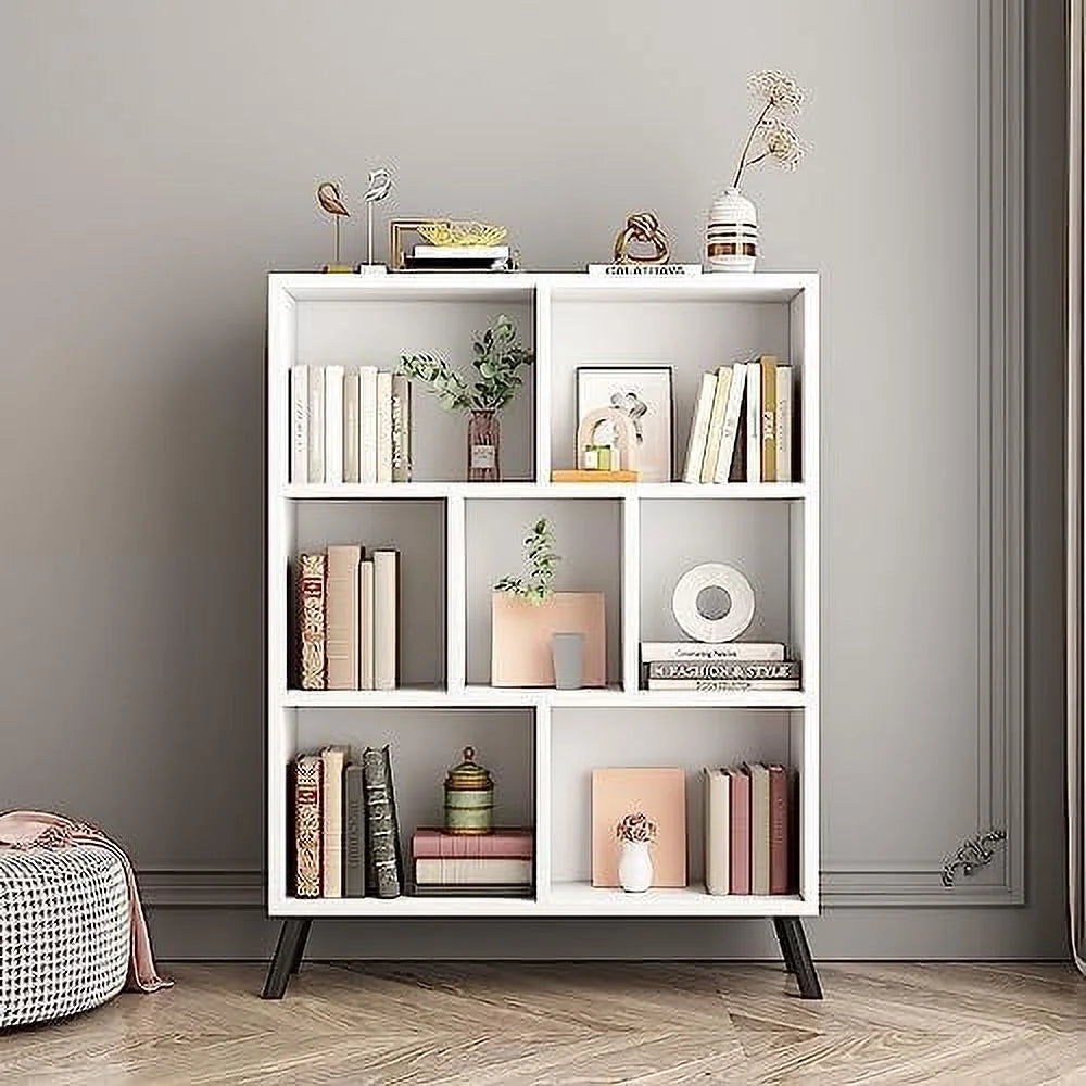 White 7 Cube 3 Tier Wood Bookshelf S9333