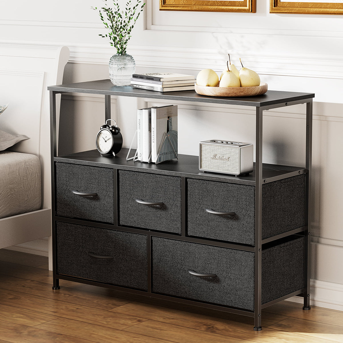 Black Dresser TV Stand with Fabric Drawers T527