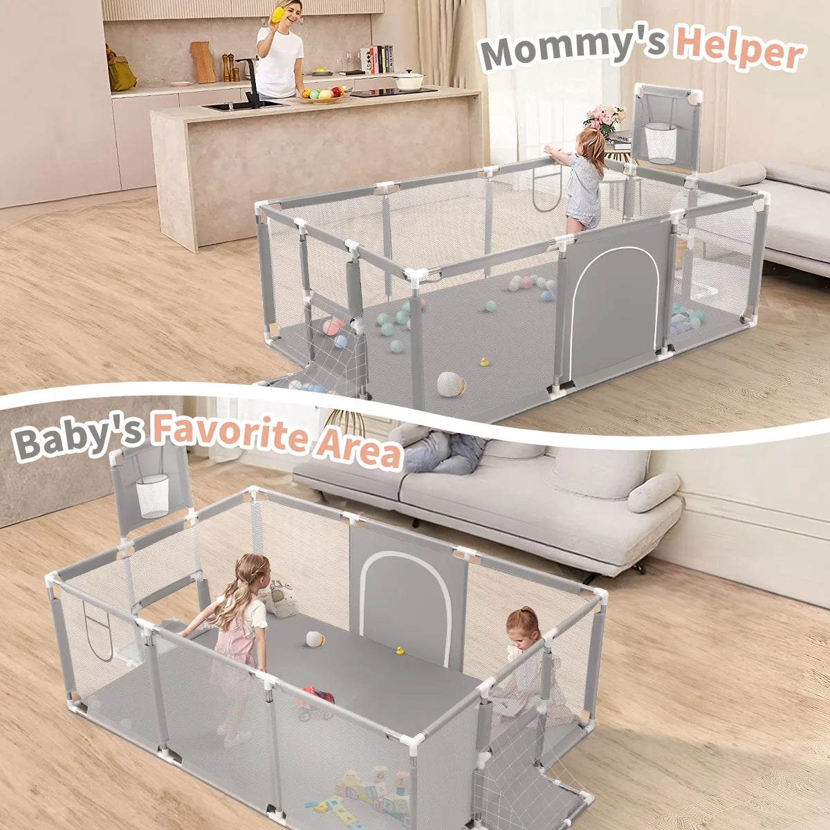 71 Inch Extra Large Baby Playpen with Basketball Hoop and Mesh E38103