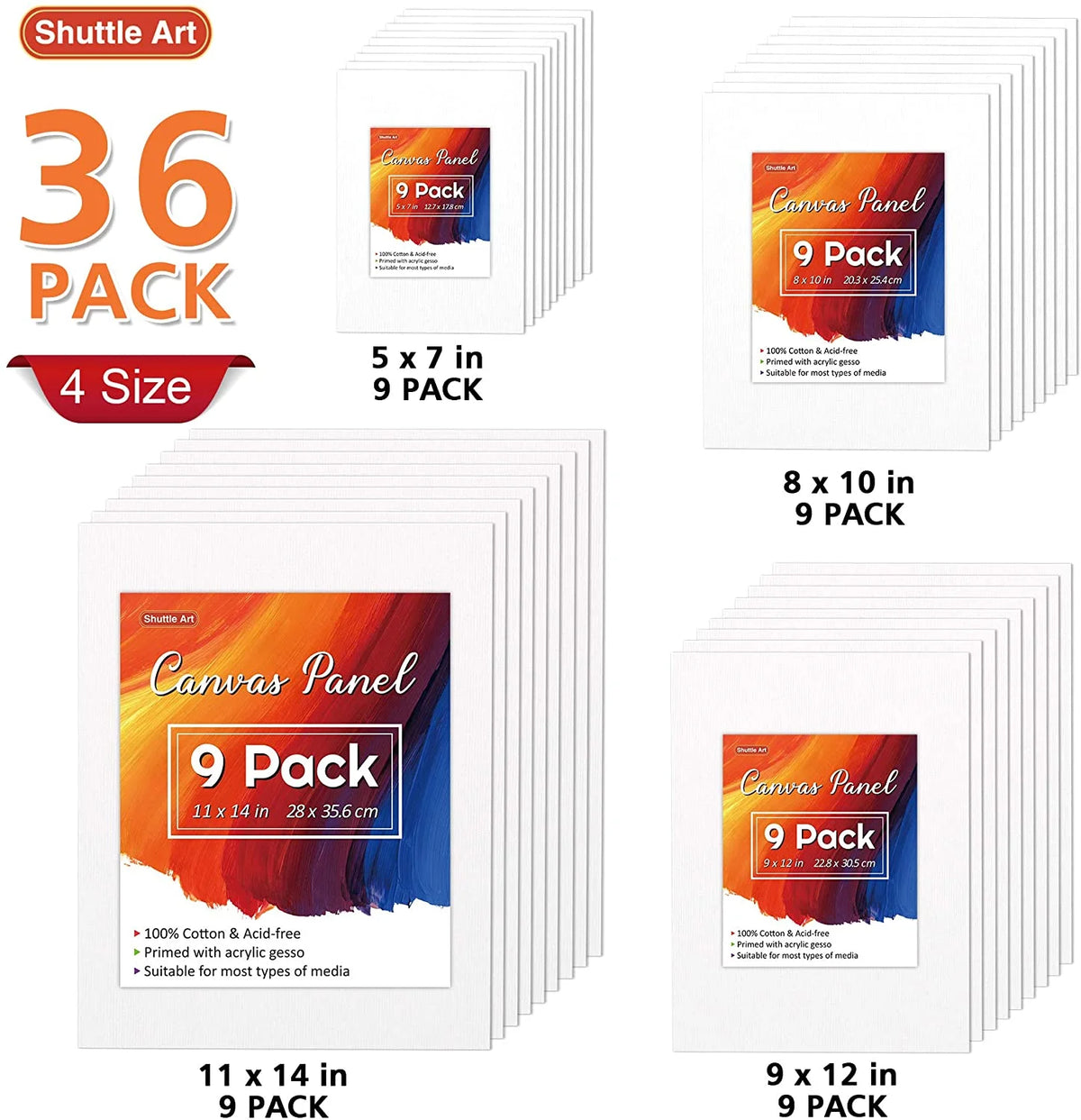 Painting Canvas Panel, 36 Multi Pack, 100% Cotton White K553126