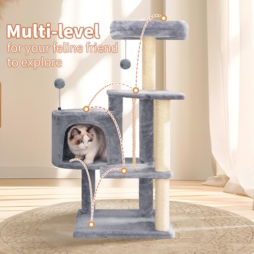Multifunctional Grey Cat Tree with Condo, Perches, Scratching Posts and Hanging Rope C9055