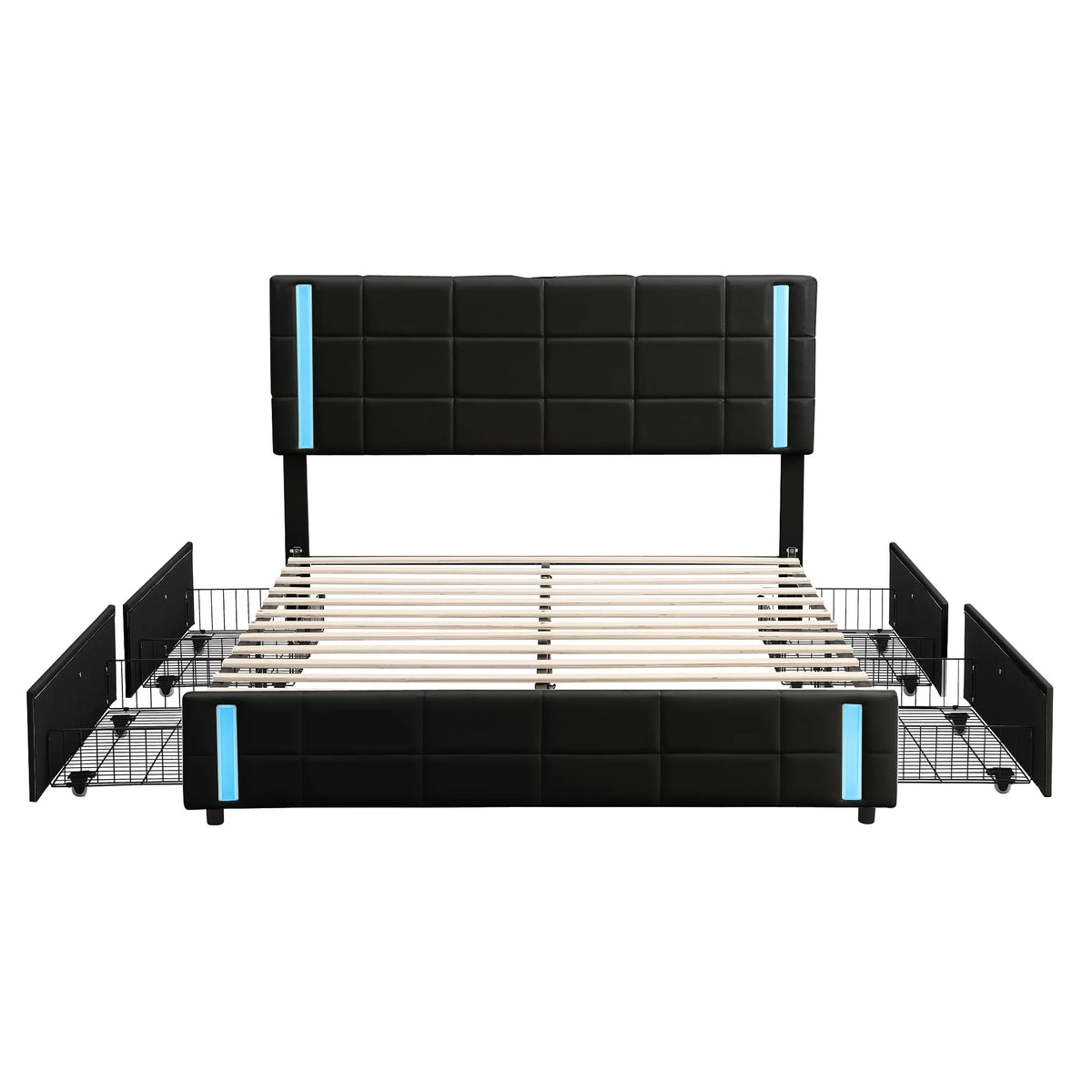 Queen Size Upholstered Platform Bed with LED Lights and USB Charging, 4 Drawers, Black S92292