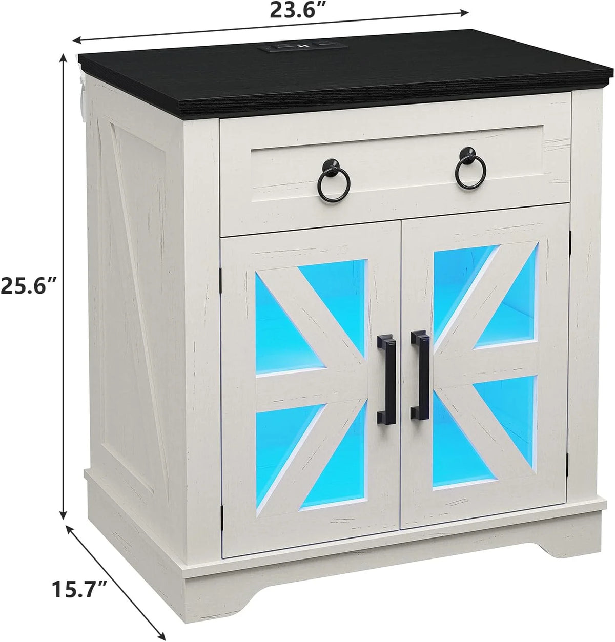 White Glass Door End Table with LED Lights and USB Port V83952