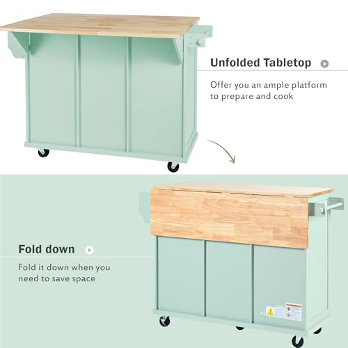 Farmhouse Kitchen Island with Power Outlet, Drop Leaf, Spice Rack and Drawer I325