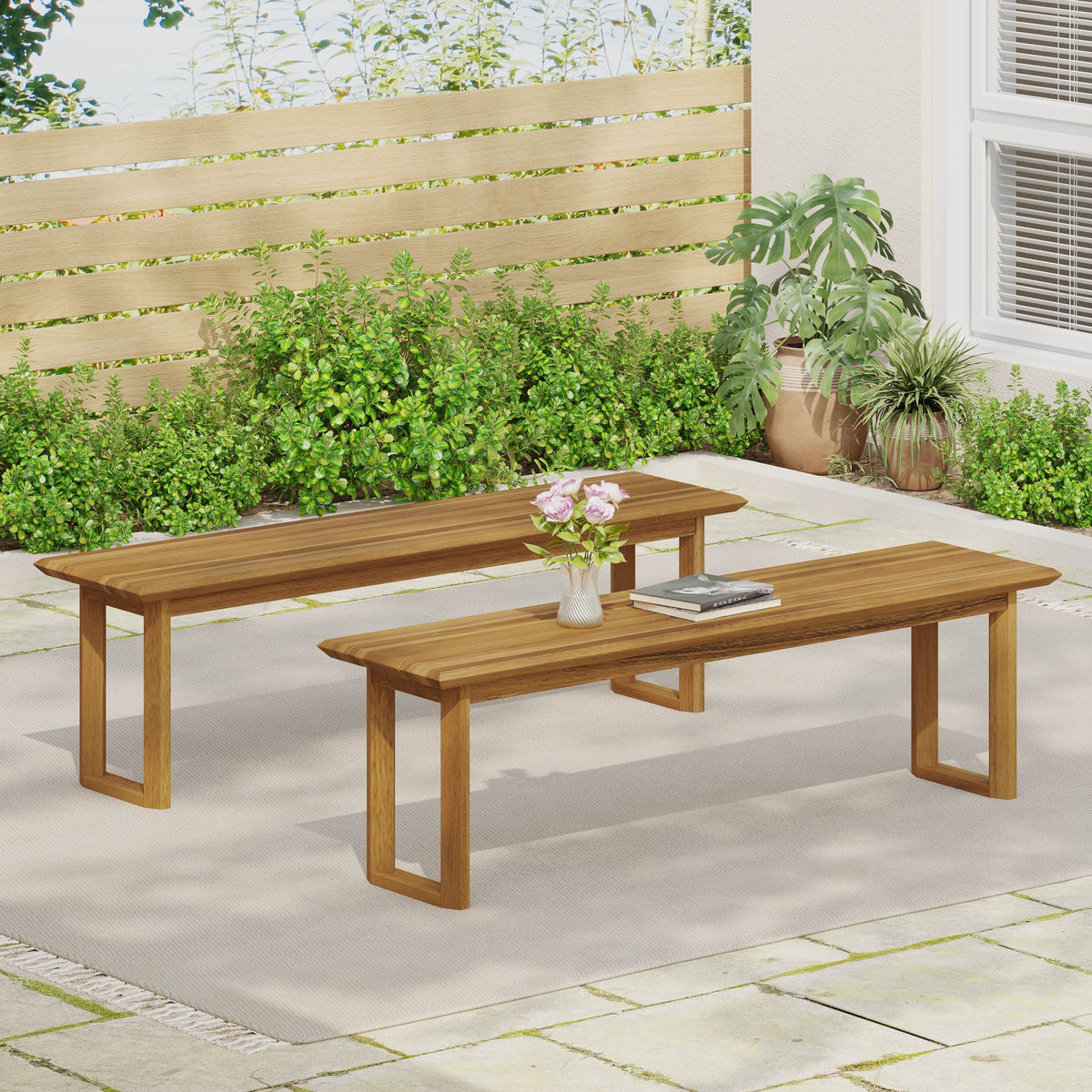 Acacia Wood Outdoor Dining Bench Set of 2 A73776