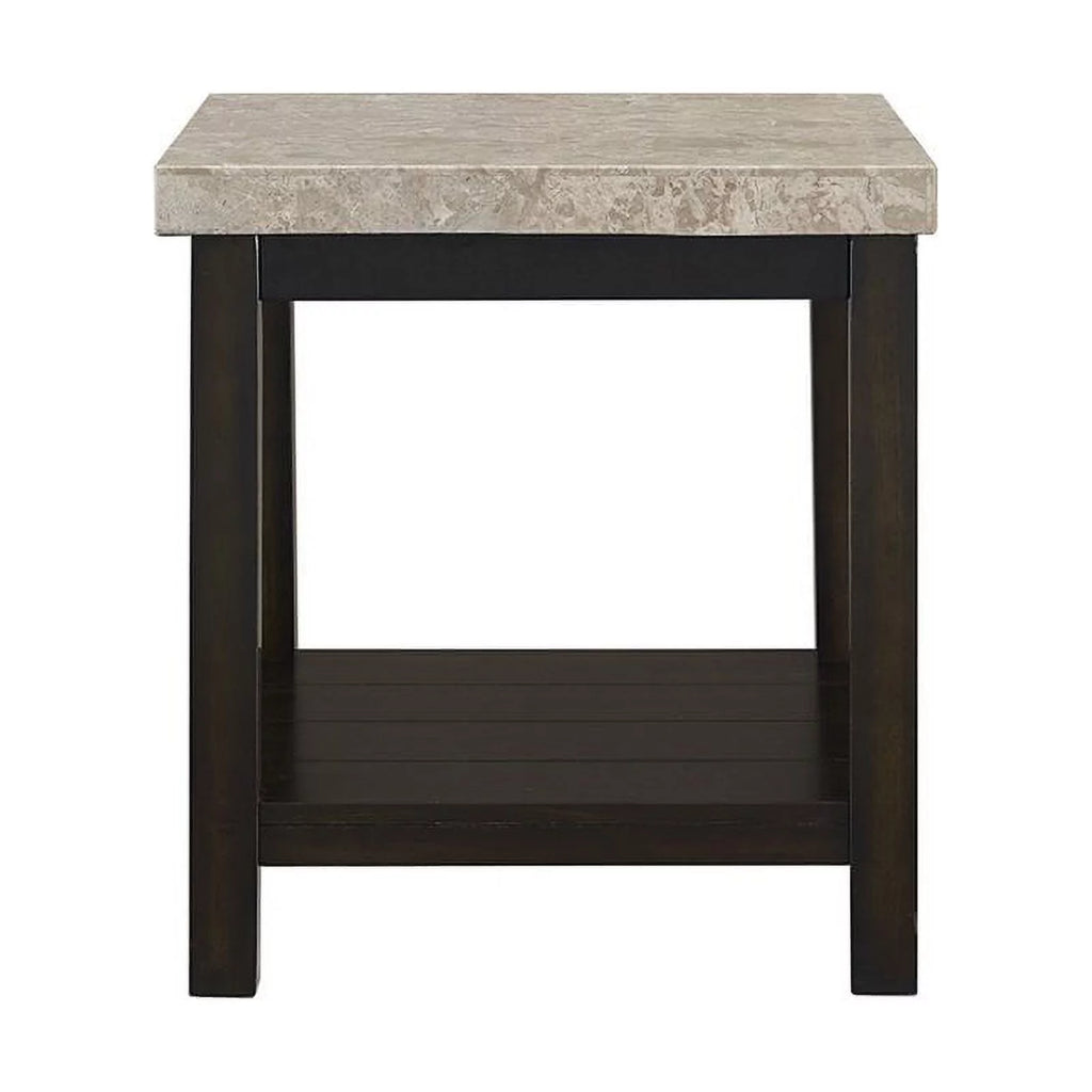 Square Wood End Table with Marble Top and Bottom Shelf in Espresso W22022