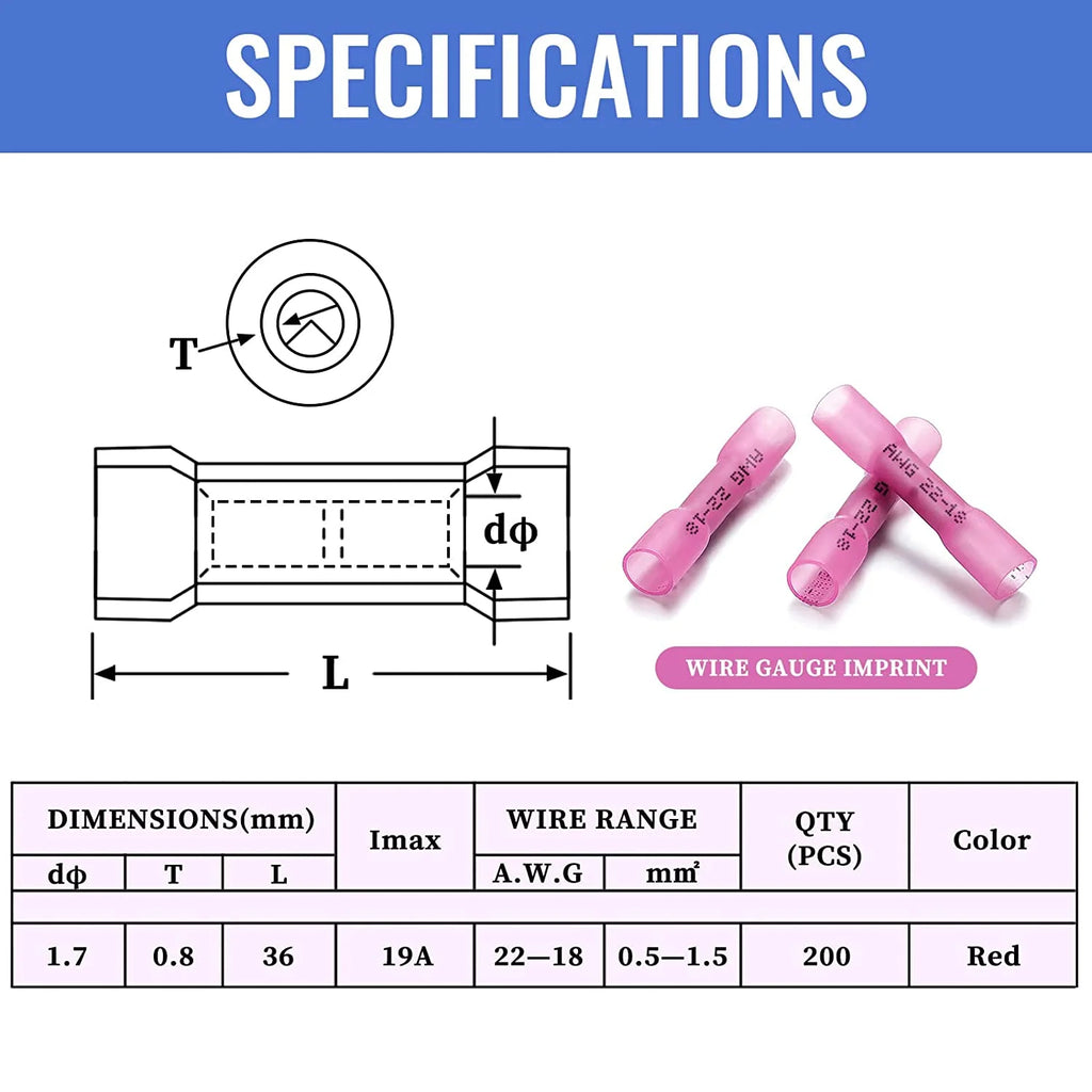 200 PCS Waterproof Insulated Electrical Crimp Butt Connectors 22-18 AWG Y277