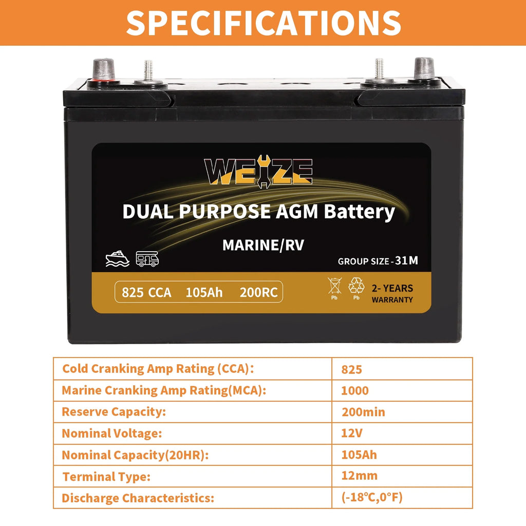 12V 105AH Dual Purpose AGM Battery, 825CCA Group 31M G62173