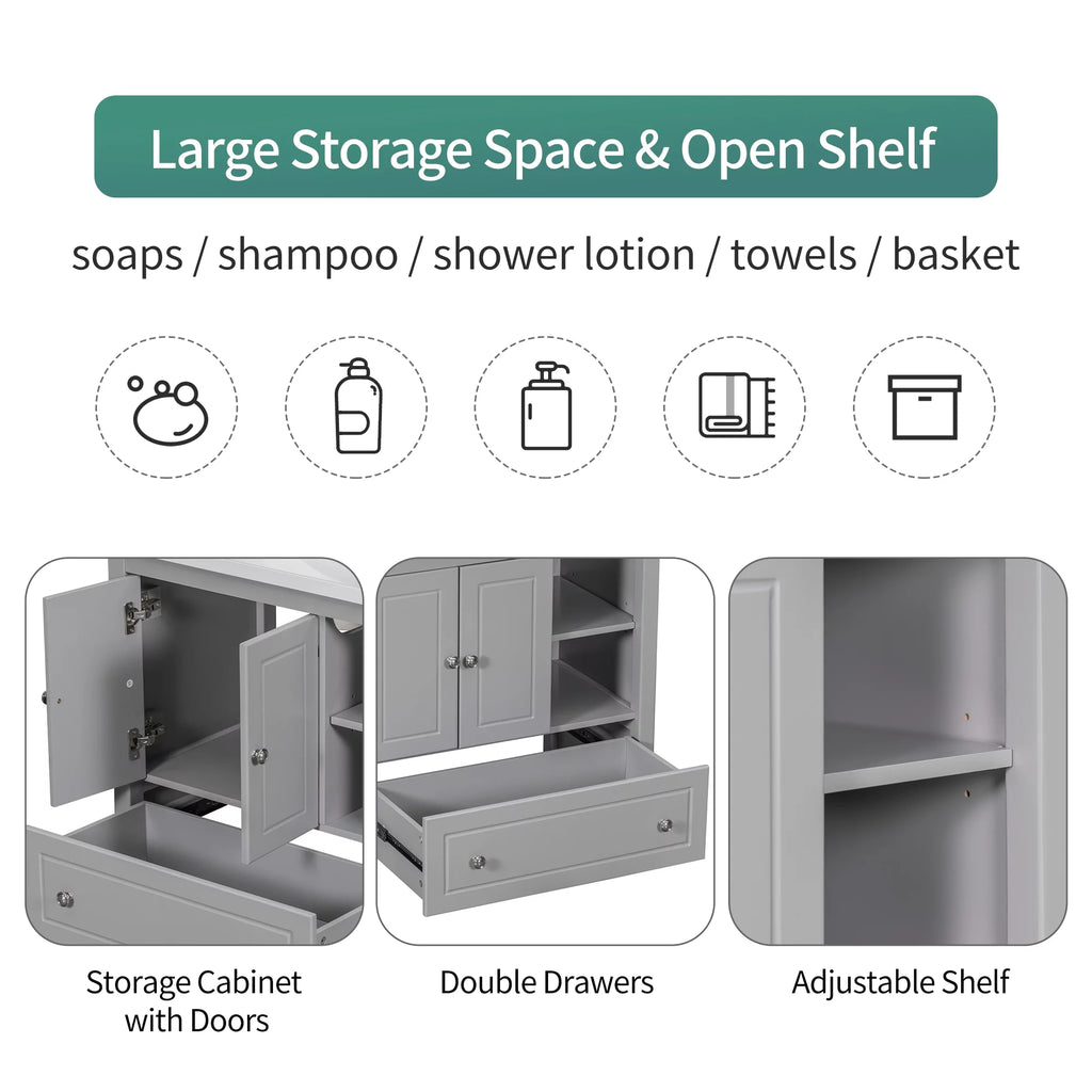 Grey 30" Wood Bathroom Vanity Base with Doors and Shelf K79371