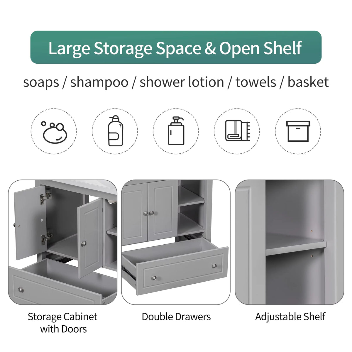Grey 30" Wood Bathroom Vanity Base with Doors and Shelf K79371