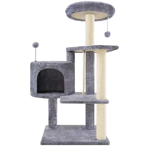 Multifunctional Grey Cat Tree with Condo, Perches, Scratching Posts and Hanging Rope C9055