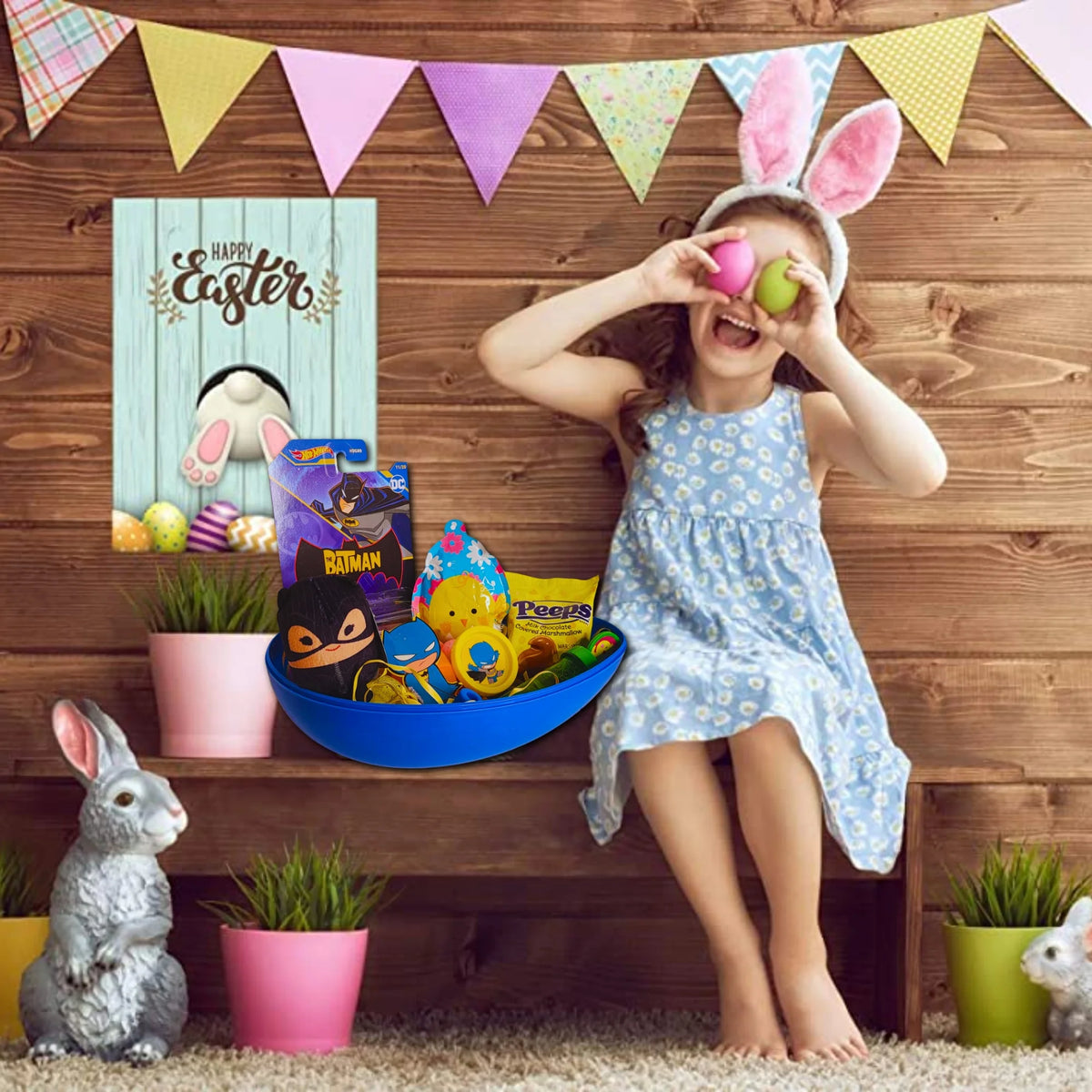 Pre-Filled Easter Basket with Plush Toy, Car, Balloon Eggs, Candies & Reusable Egg-Shaped Container X3544