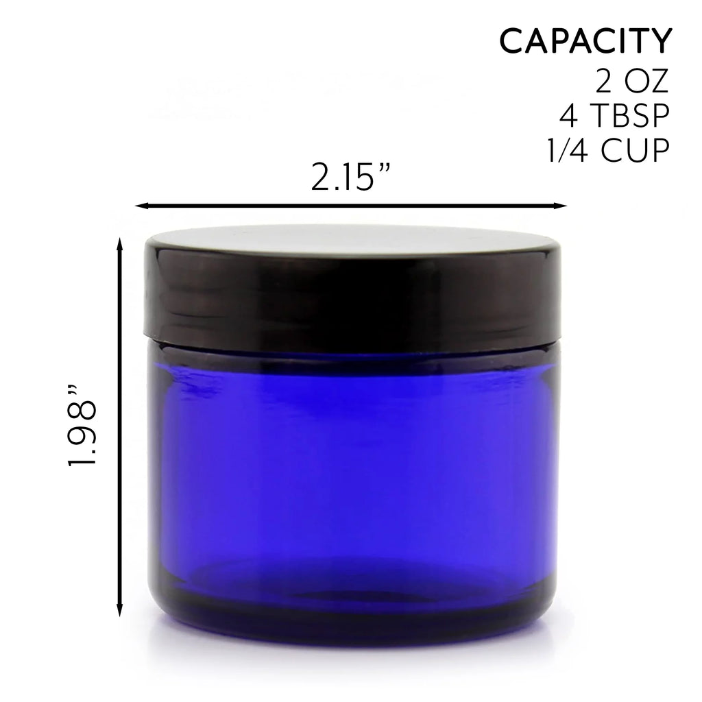 2 oz Cobalt Blue Glass Cosmetic Jars 12-Pack with Black Lined Lids W600