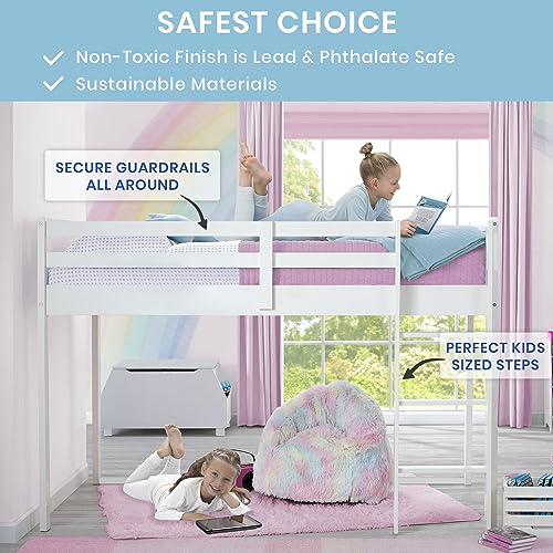 White Twin Loft Bed with Guardrail and Ladder E5493