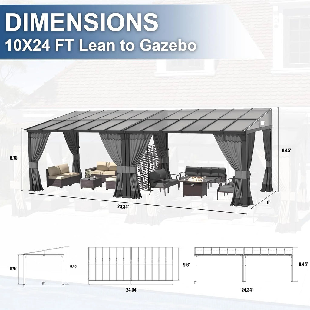 10x24FT Hardtop Wall Mounted Gazebo with Metal Frame and Curtains, Grey P4580