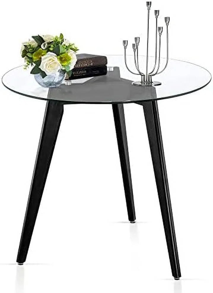 Round Glass Dining Table with Wood Legs 31.5 inch F41043