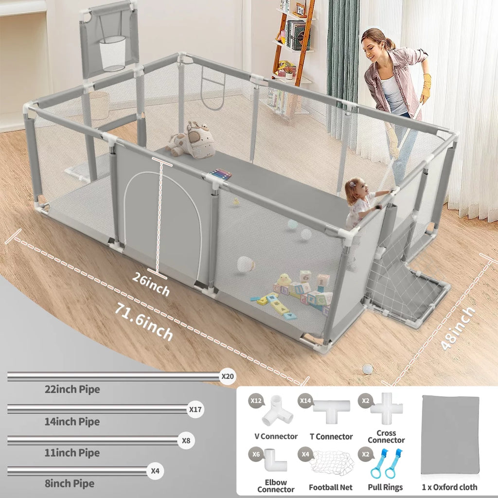 71 Inch Extra Large Baby Playpen with Basketball Hoop and Mesh E38103