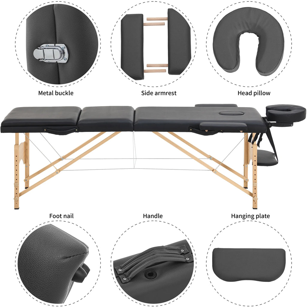 Portable 3 Folding Black Massage Table with Carry Case M7906