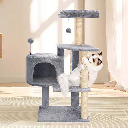 Multifunctional Grey Cat Tree with Condo, Perches, Scratching Posts and Hanging Rope C9055