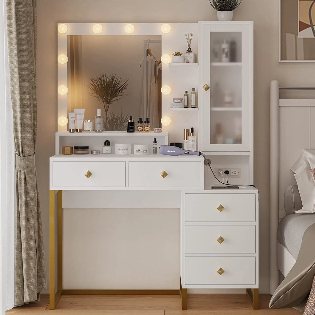 White Makeup Vanity with Lights and 5 Drawers H872717