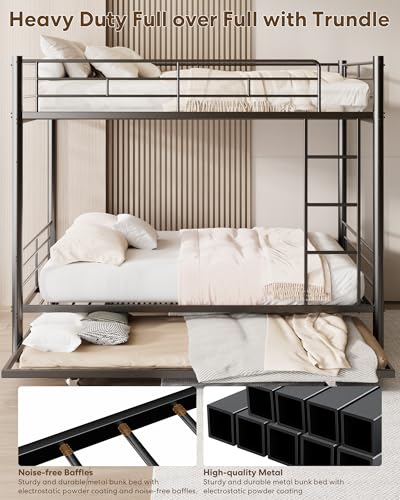 Full Over Full Bunk Bed with Trundle and Ladder, Black J306