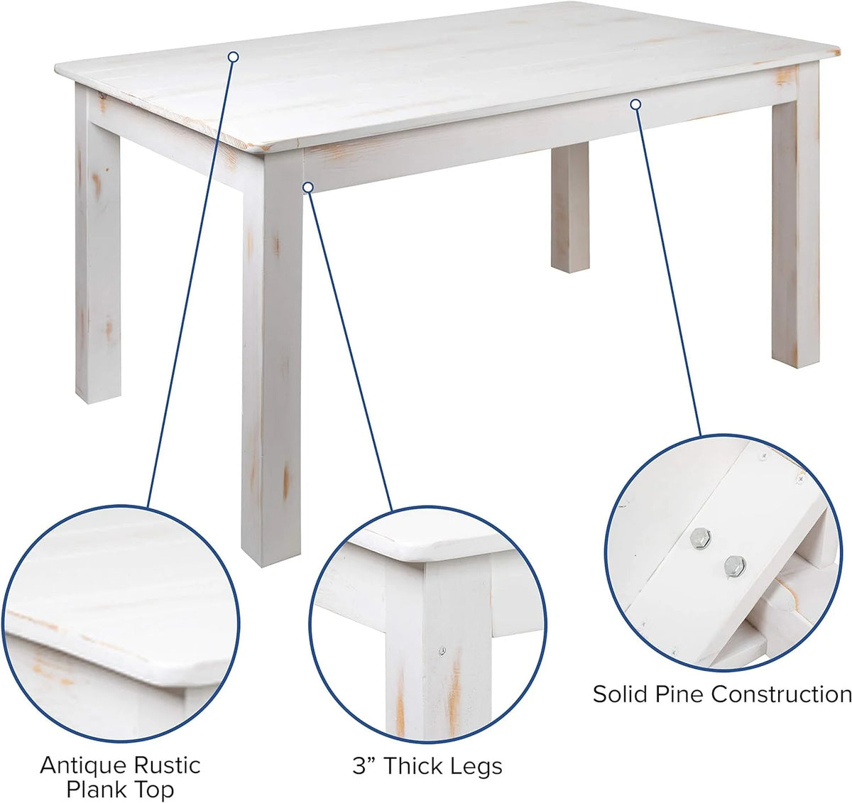 60" X 38" Rectangular Antique Rustic White Solid Pine Dining Table N412
