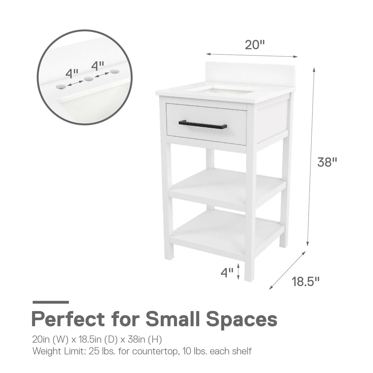White 20 Inch Bathroom Vanity with Countertop and 2 Storage Shelves J295485