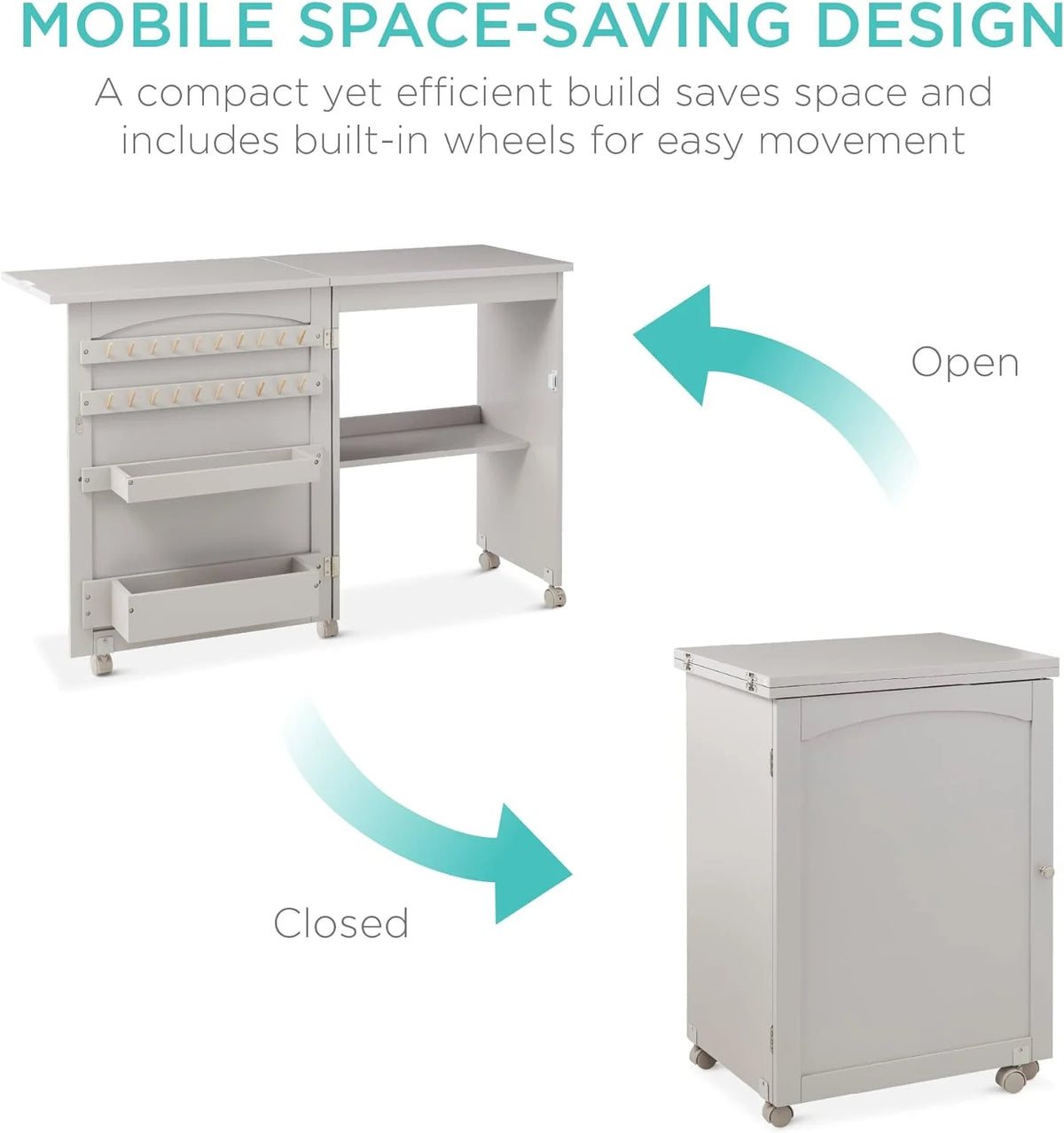 Folding Sewing Table Craft Station with Wheels Shelves Bins Gray C56397