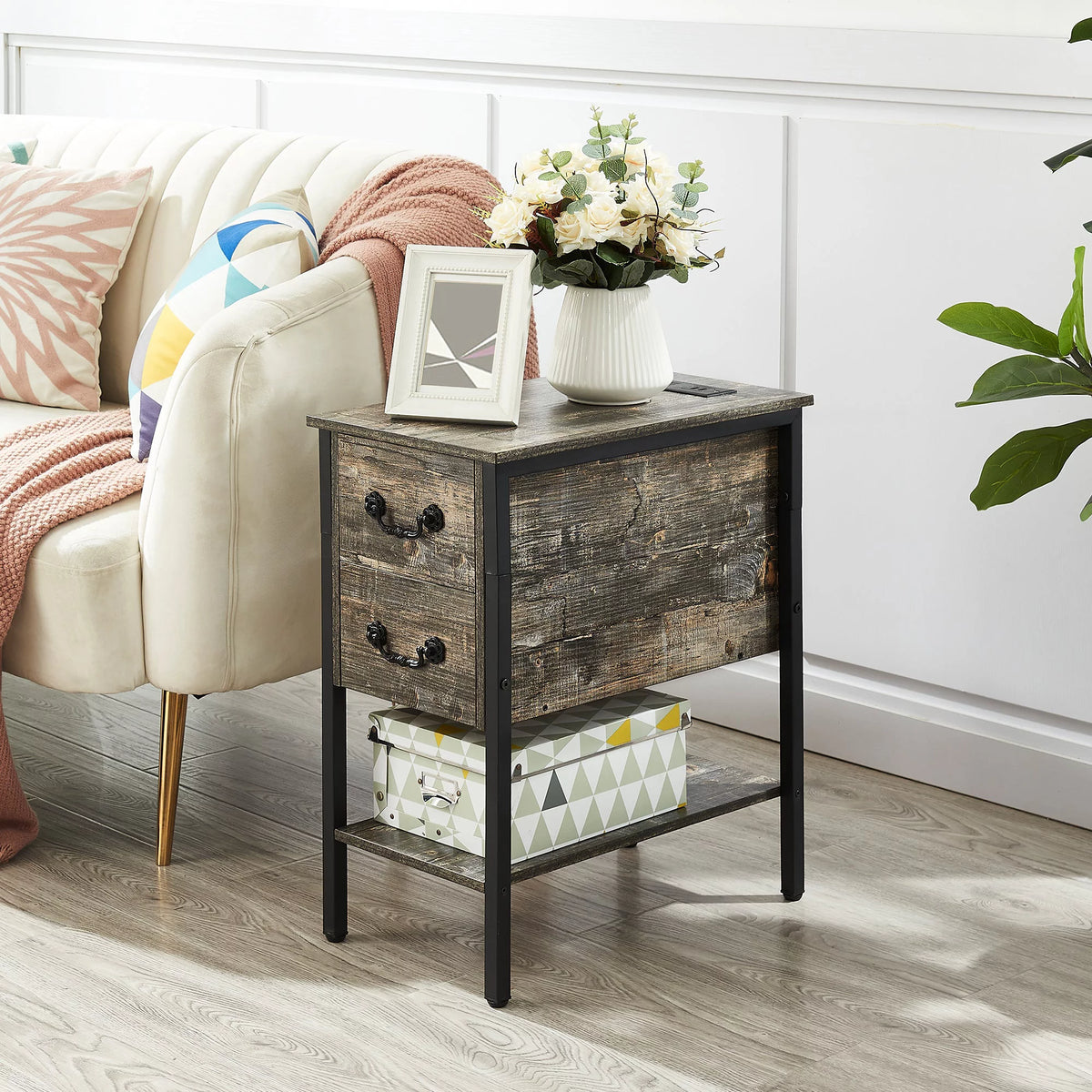 Oak Gray 2 Drawer Nightstand with Charging Station F599002