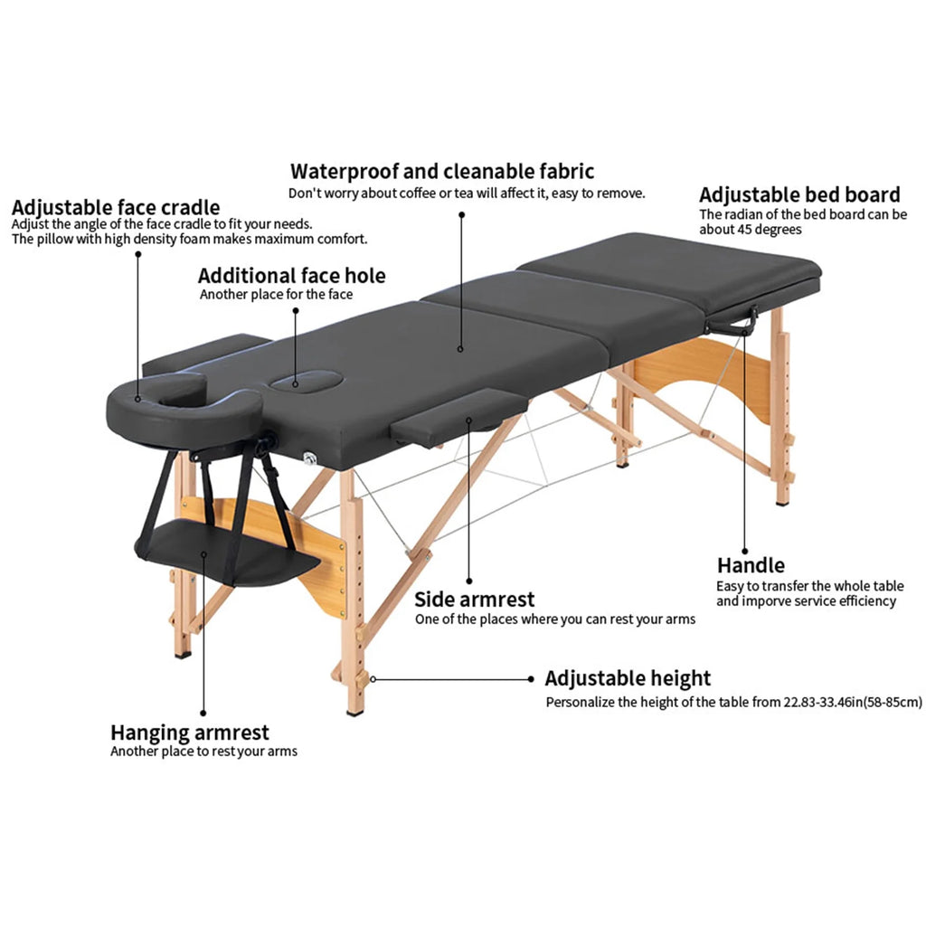 Portable 3 Folding Black Massage Table with Carry Case M7906