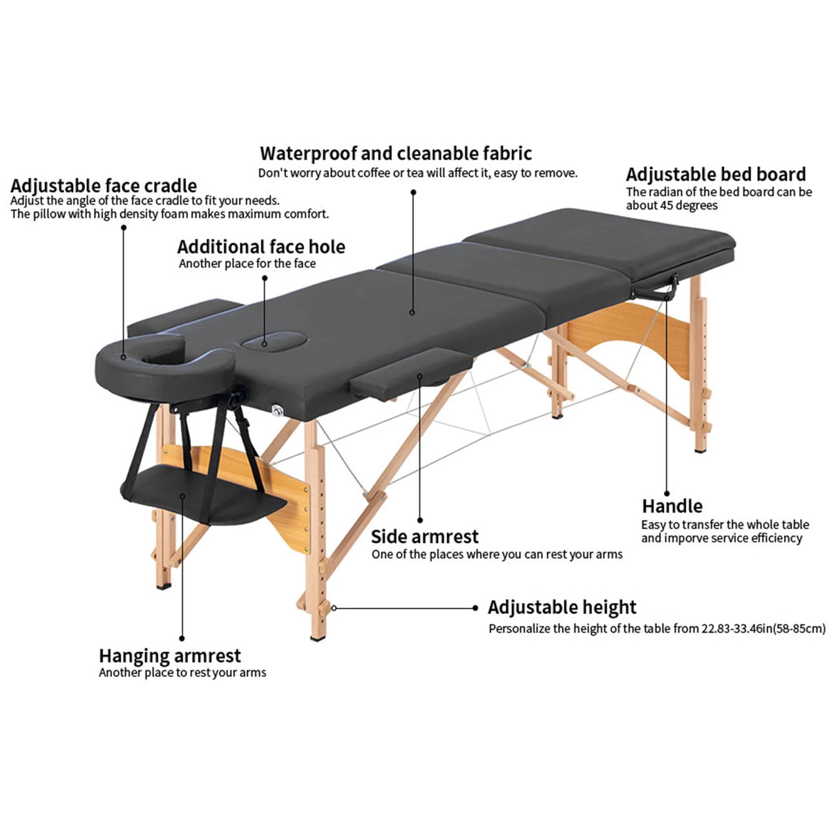 Portable 3 Folding Black Massage Table with Carry Case M7906