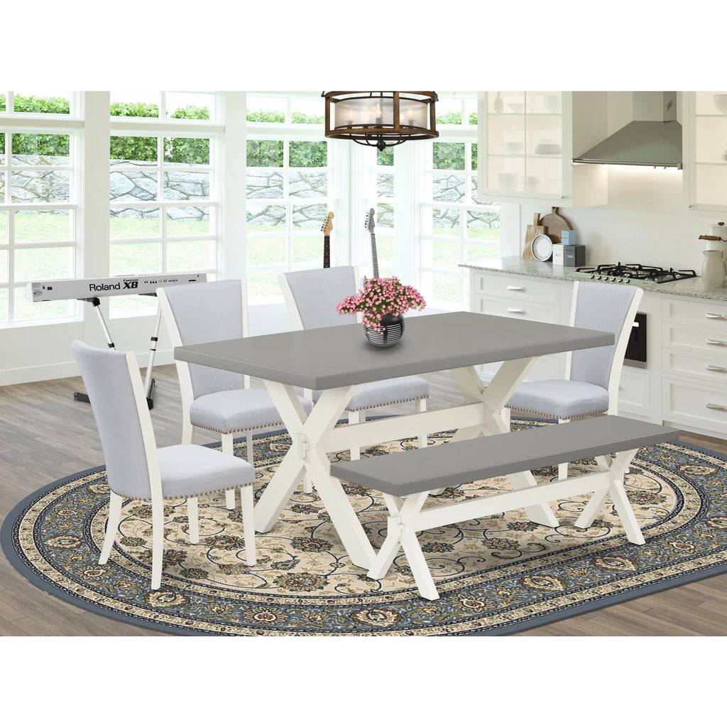 6 Piece Dining Table Set with 4 Grey Linen Fabric Chair and Bench Z117176