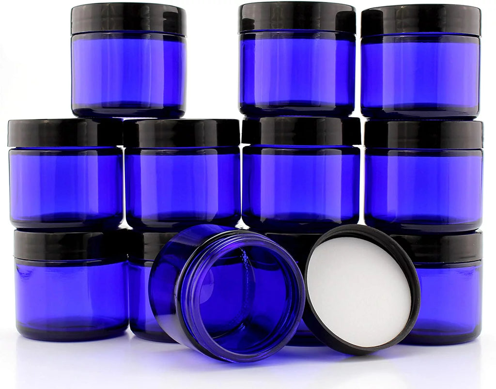 2 oz Cobalt Blue Glass Cosmetic Jars 12-Pack with Black Lined Lids W600