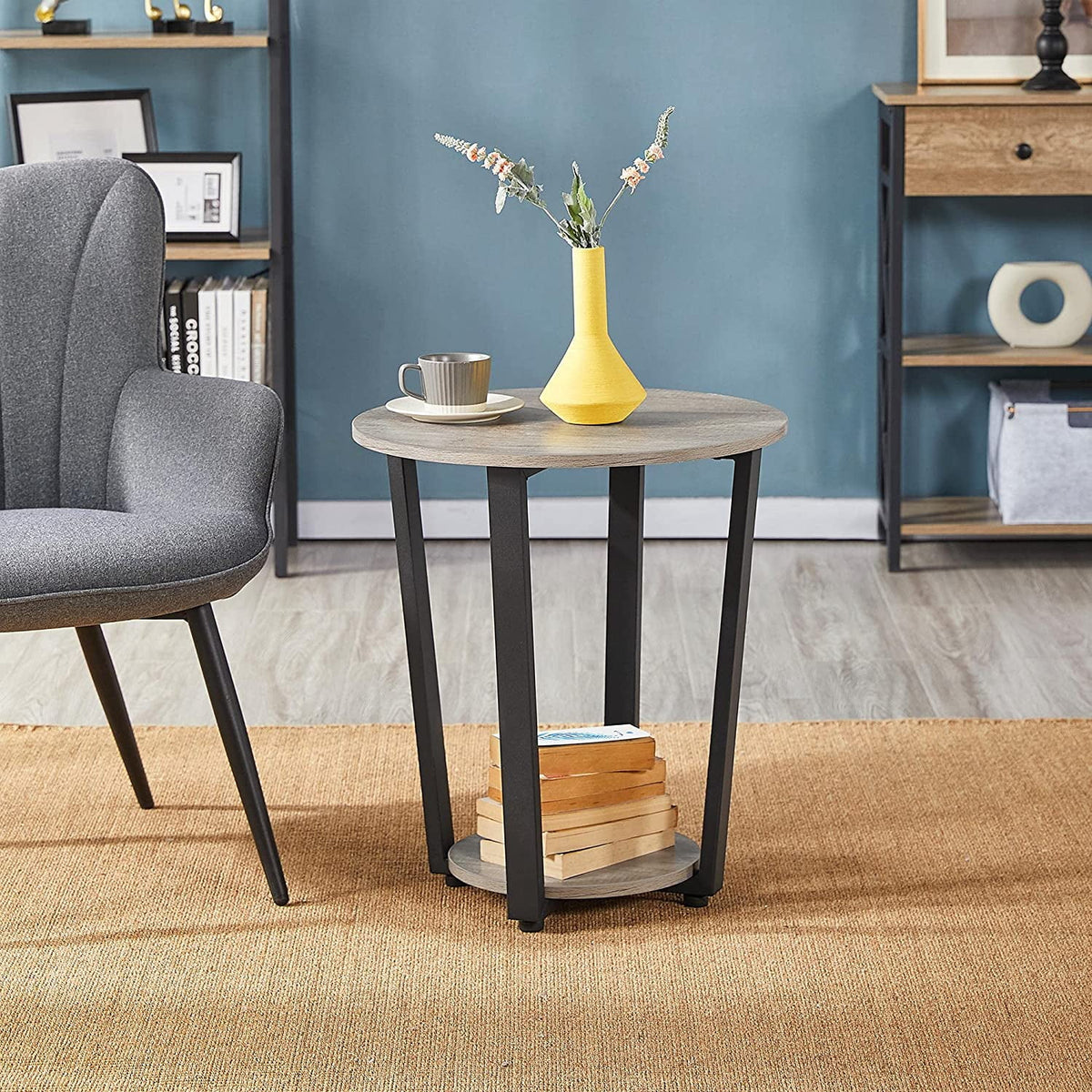 2-Tier Round End Tables Set of 2 with Metal Legs Gray I708