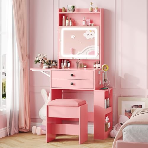 White Makeup Vanity Desk with Lighted Mirror and Chair X99870