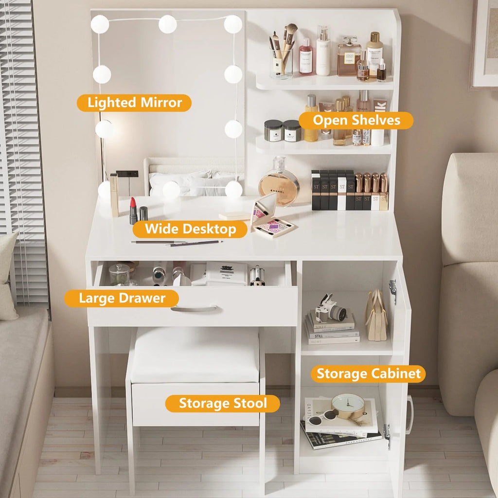 White Makeup Vanity Table Set with Lighted Mirror and Stool L27358