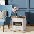 White and Brown Nightstand with Charging Station and Drawer I120055