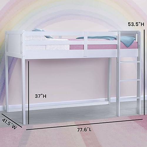 White Twin Loft Bed with Guardrail and Ladder E5493