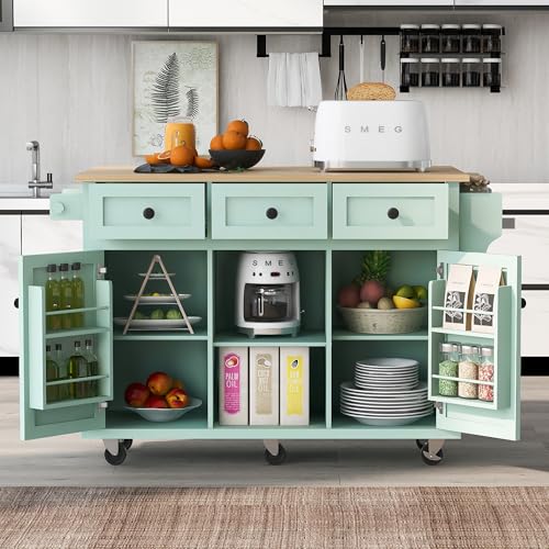 Farmhouse Kitchen Island with Power Outlet, Drop Leaf, Spice Rack and Drawer I325