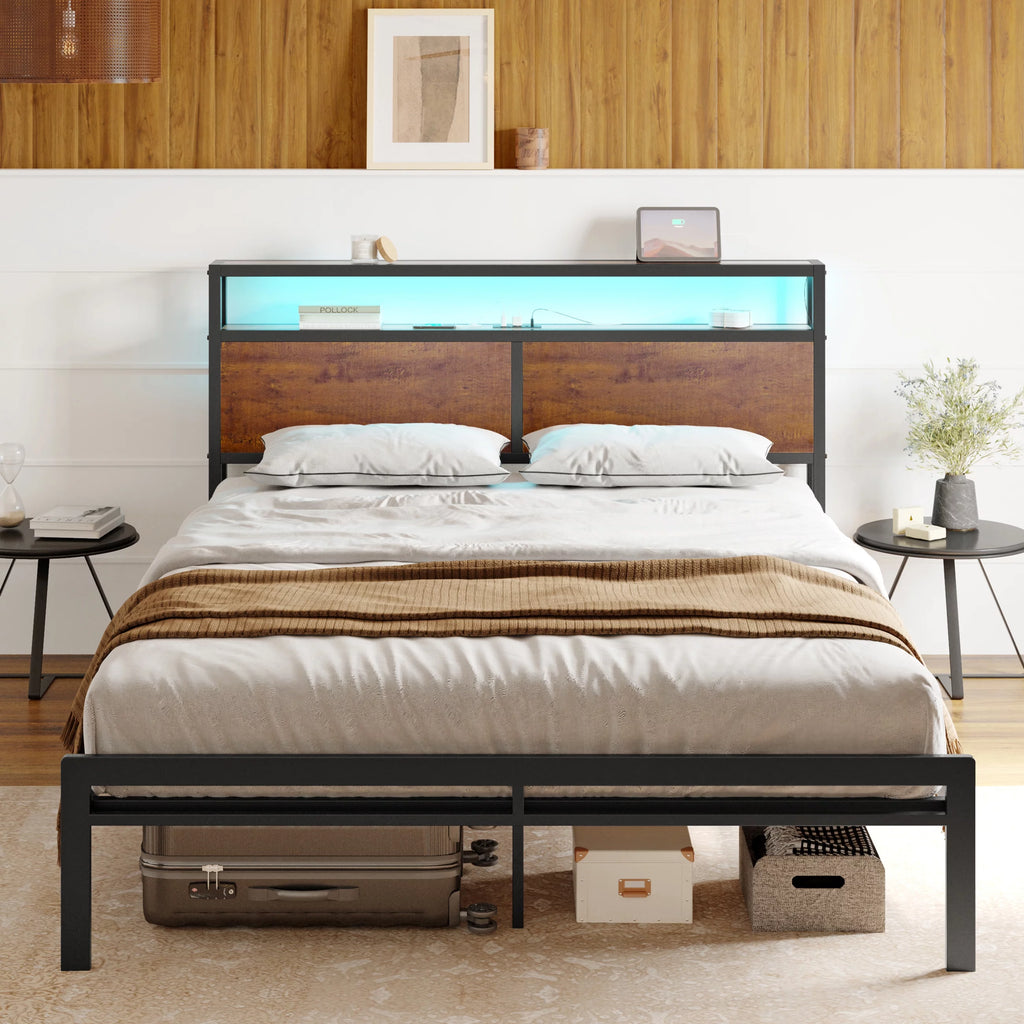 Queen Size Metal Platform Bed Frame with Wooden Headboard M89649