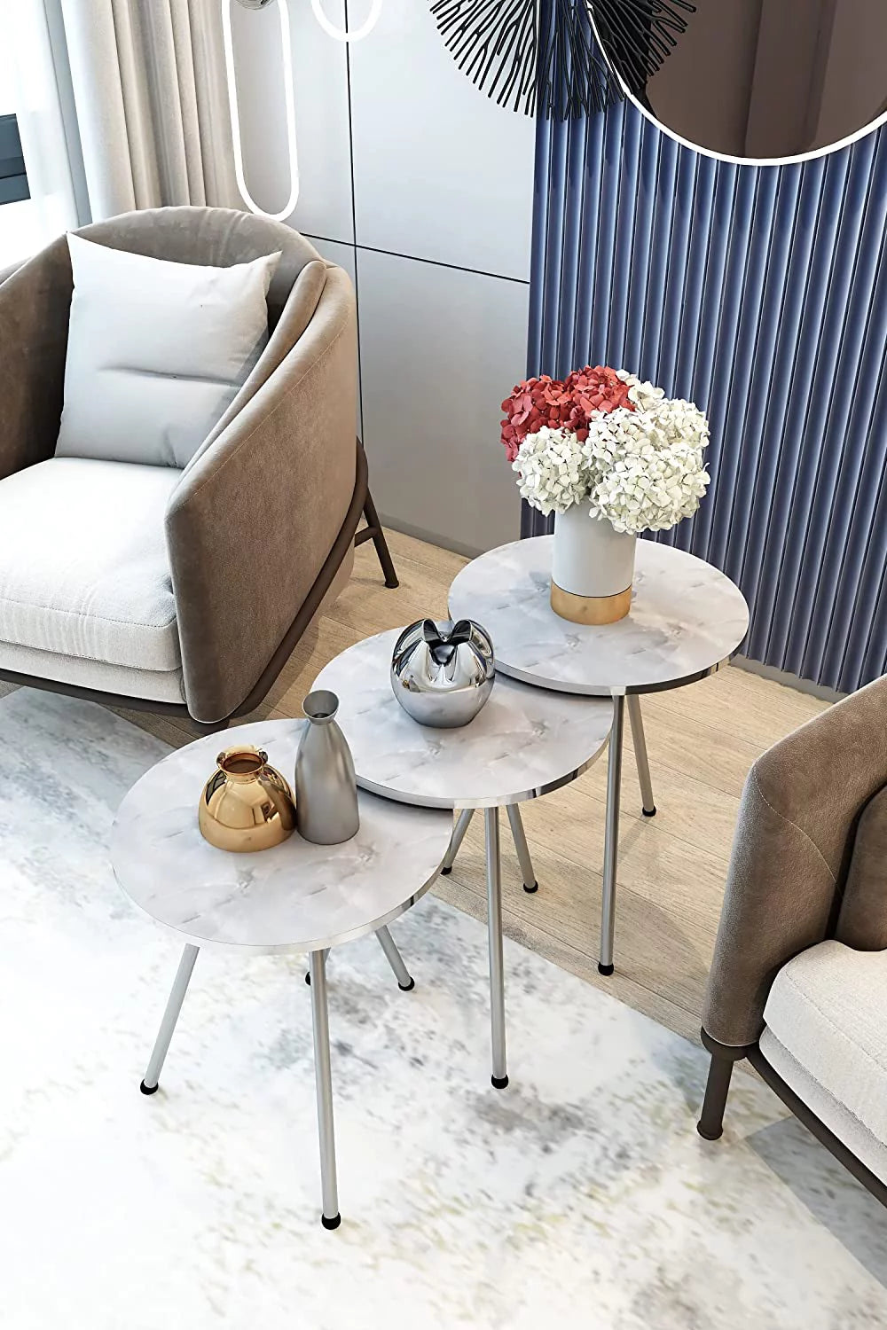 Round Nesting End Tables White Marble Silver E2473